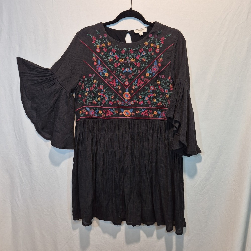 Umgee Boho Bliss Dress Md Embroidered Otomi Floral Babydoll Peasant Festival